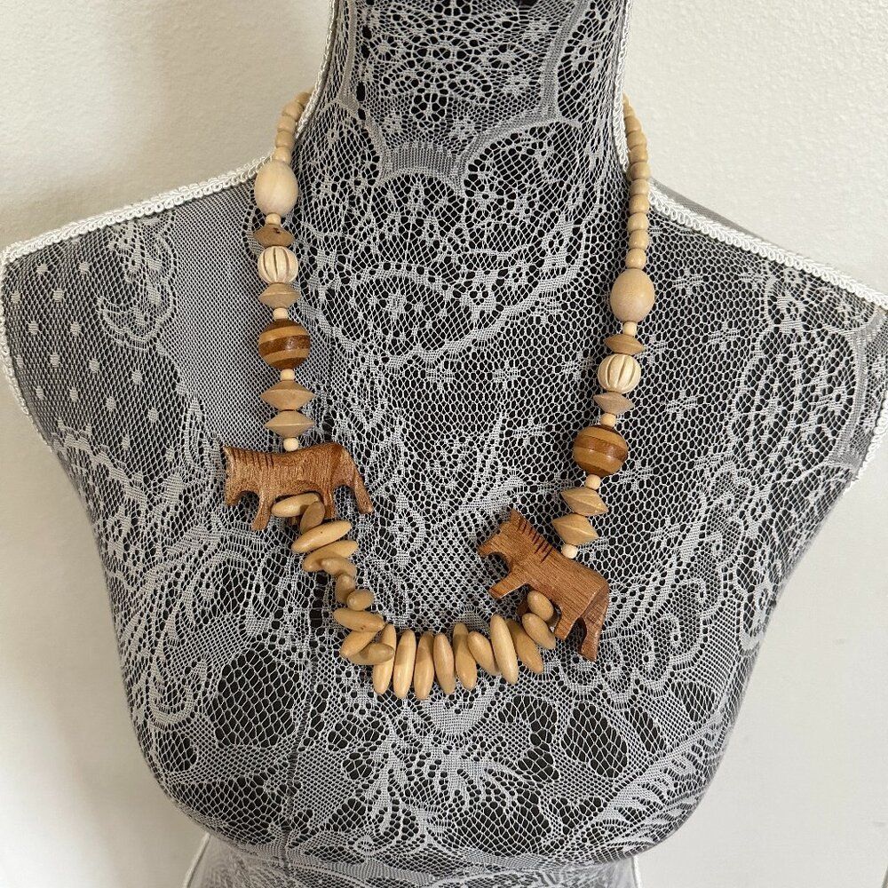 Necklace Wood Beaded African Animal Statement Safari Tribal Boho Jewelry